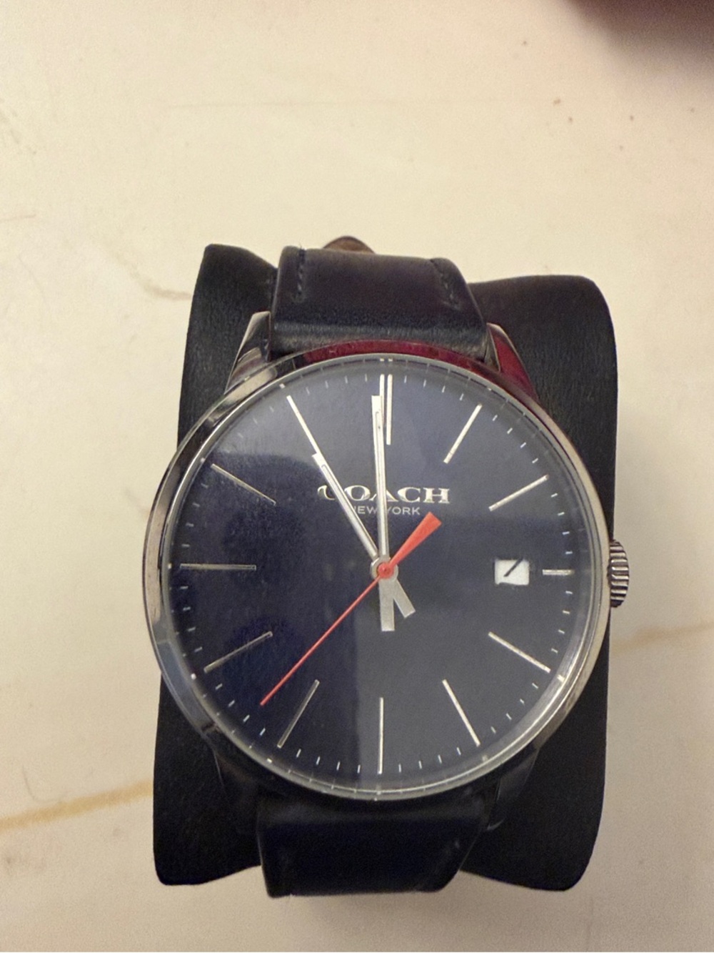 Coach dark navy blue Dial Leather Strap Men's Watch with Red Seconds Hand